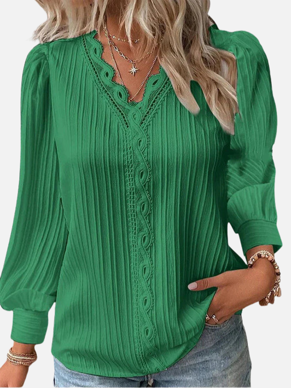 Jill | Lace Trim Puff Sleeve Blouse for Women V Neck