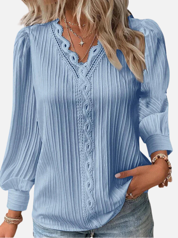 Jill | Lace Trim Puff Sleeve Blouse for Women V Neck