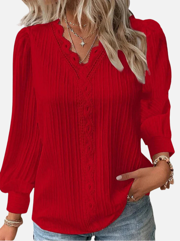 Jill | Lace Trim Puff Sleeve Blouse for Women V Neck