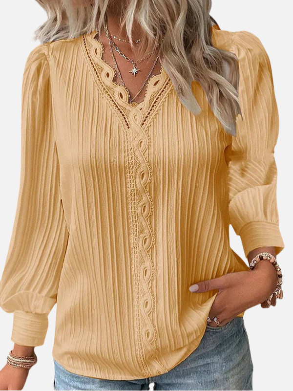 Jill | Lace Trim Puff Sleeve Blouse for Women V Neck