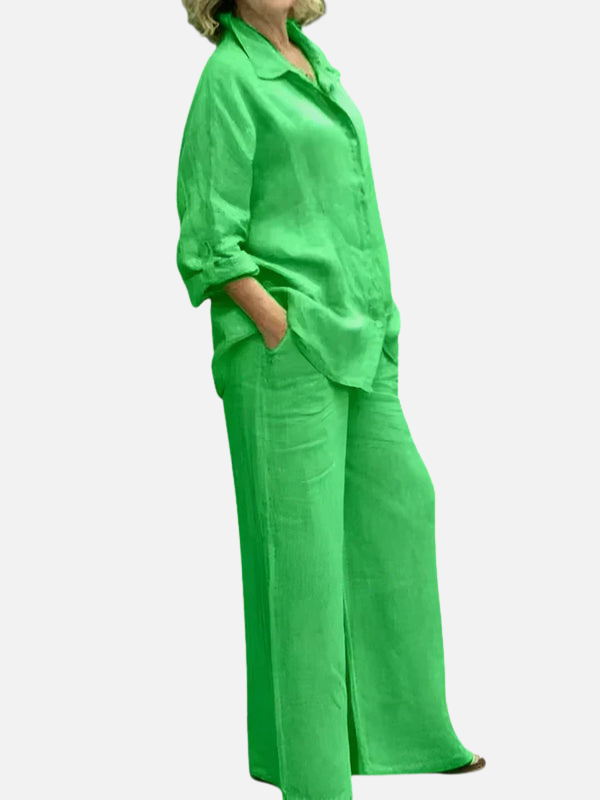 Erica | Linen Look Shirt and Wide Leg Pants Set for Women