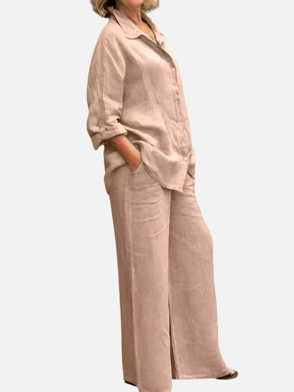 Erica | Linen Look Shirt and Wide Leg Pants Set for Women