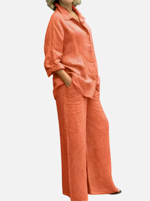 Erica | Linen Look Shirt and Wide Leg Pants Set for Women