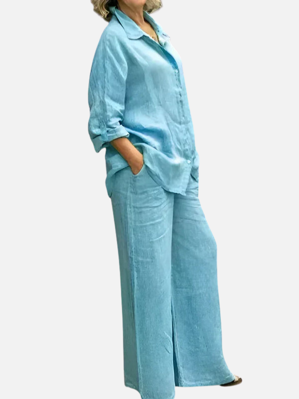 Erica | Linen Look Shirt and Wide Leg Pants Set for Women