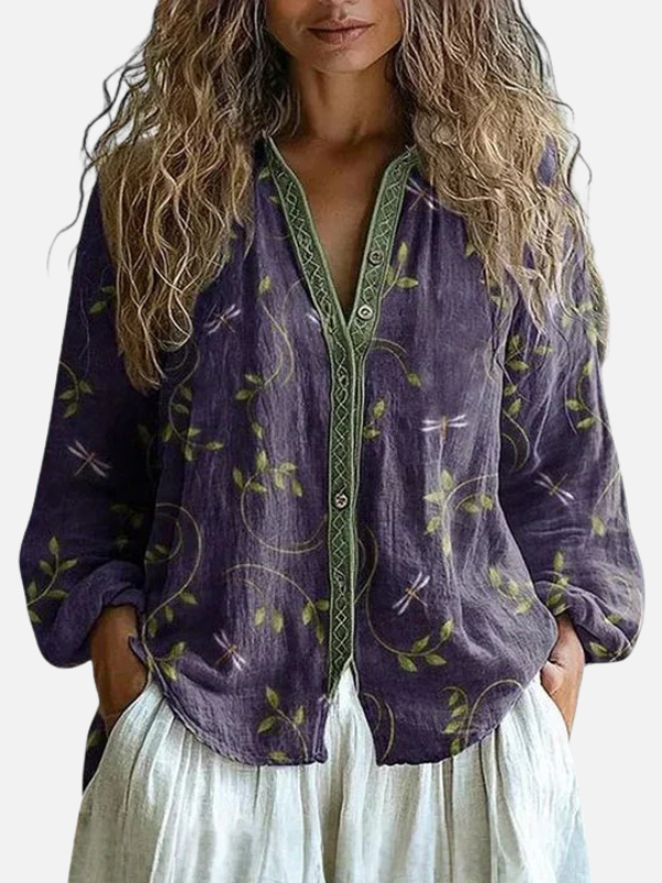 Donna | Printed V-Neck Blouse for Women Long Sleeve Button