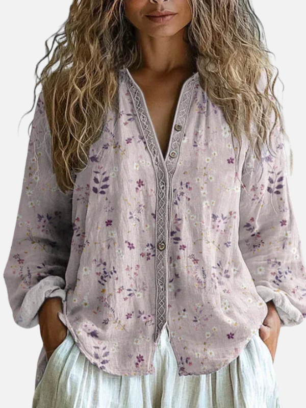 Donna | Printed V-Neck Blouse for Women Long Sleeve Button