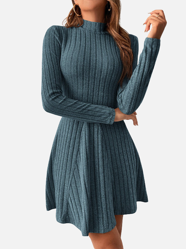 Gloria | Ribbed Knit Fit and Flare Mini Dress Long Sleeve