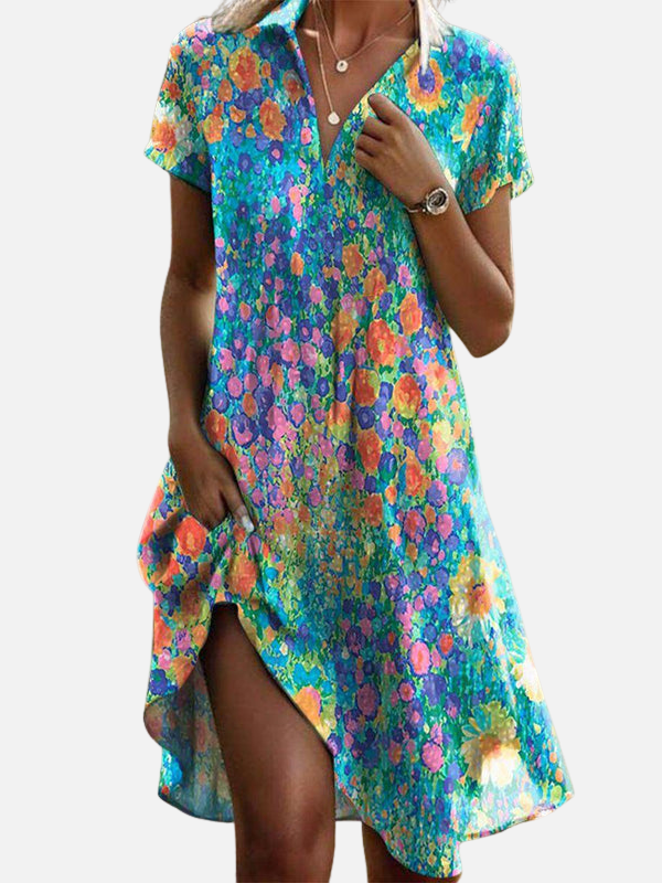 Rebecca | Short Sleeve Floral Shirt Dress for Women V Neck