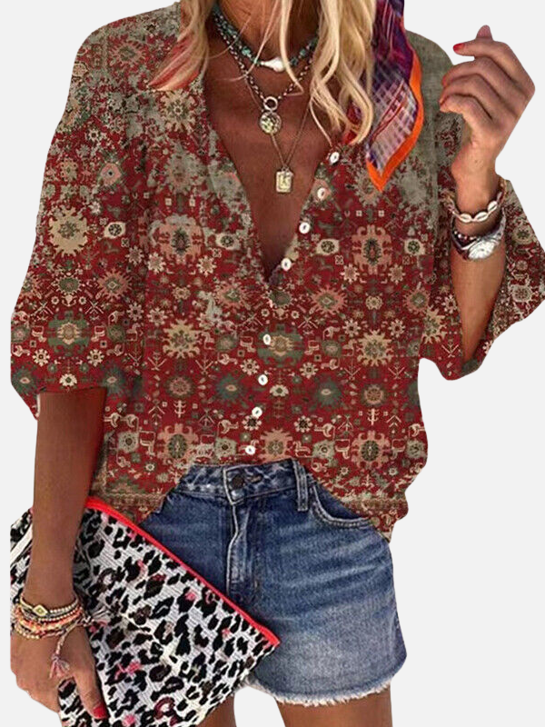 Amy | Vintage Print Button Up Blouse for Women 3/4 Sleeve